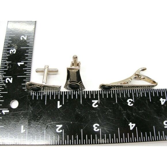 Cufflinks Tie Bar Set Stamped Steel Blue Green Stone Tux Shirt Suit Vintage - Picture 4 of 7